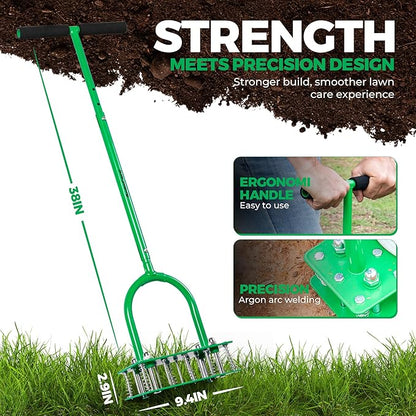 Manual Aerator Lawn Tool With 15 Iron Spikes, 6-Spring Self-Cleaning Heavy-Duty Lawn Aerator Tool - Automatic Reset & Dirt / Leaf Clean System For Soil Loosening & Dethatching In Yard, Patio & Garden