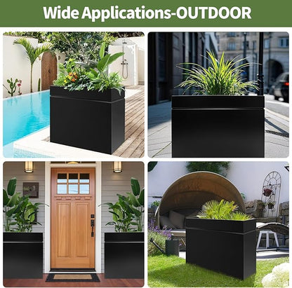 Metal Rectangular Planter Box, Powder Coating Steel Large Planters 35" L x 9" W x 26" H with Drainage Hole, Indoor Outdoor All-Weather Use for Home, Porch, Patio, Garden(Black)