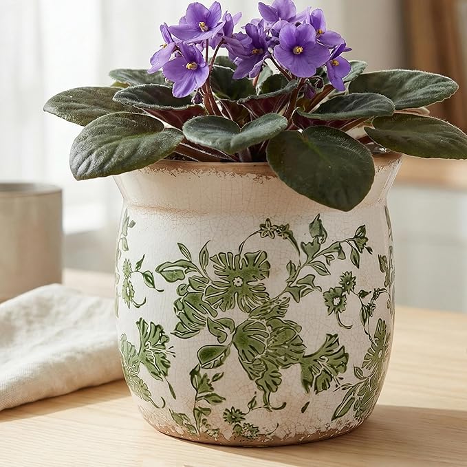 Rustic Ceramic Pots for Plants, 6.21in. Vintage Crackle Glazed Planters for Indoor & Outdoor Plants with Drainage Hole, Unique Planting Pots for Gardening, Tuscan Decor Plant Pots Indoor, Green Leaf