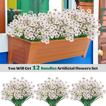 Lnoicy 12 Pcs Artificial Flowers for Outdoor,Plastic Flowers Decoration, UV Resistant Faux Flowers Shrubs, Artificial Plants for Indoor Outside Garden Home Wedding Farmhouse(White)