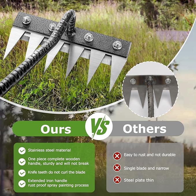 Gardenia Iron Weeding Rake, 2.0 Iron Weeding Rake with Long Handle, 6 Teeth Heavy Duty Puller Tools for Gardening, Weedings ,Lawn