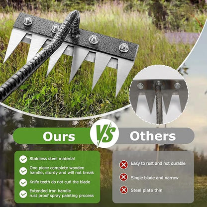 Gardenia Iron Weeding Rake, 2.0 Iron Weeding Rake with Long Handle, 6 Teeth Heavy Duty Puller Tools for Gardening, Weedings ,Lawn