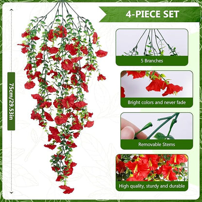 4-Pack Fake Hanging Plants, Faux Hanging Plant Artificial Greenery for Living Room Bedroom Boho Wall Shelf Indoor Outdoor Decor (Red Morning Glory)