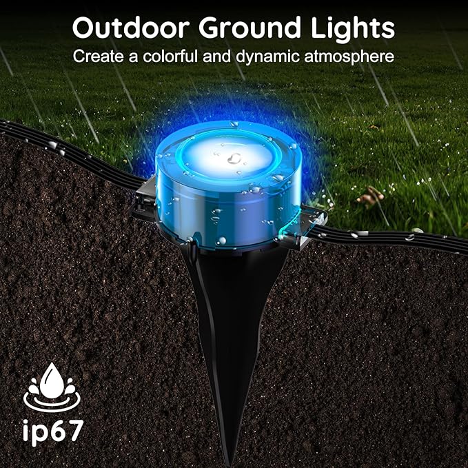 RGB Outdoor Ground Lights, 200Ft Color Changing Pathway Lights with Remote & App Control, Waterproof Walkway Lighting, Wired for Garden Yard Lawn Patio Best for Holiday Party