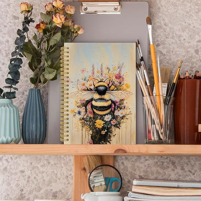 Vintage Bee Spiral Notebook, Retro Animal Bumble Honeybee Journaling Notebooks Gift for Teacher Student Women, Spring Flower Plant Hardcover Journals for School Office, 160 Pages 5.5 x 8.3 Inch
