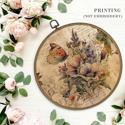 MAQIKA Farmhouse Butterfly Floral Framed Wall Art Decor, Butterfly Home Decor, Wildflower Round Wall Hanging Decor, Vintage Butterflies Canvas Prints Wall Art for Office Liviing Room, 10x10 Inch