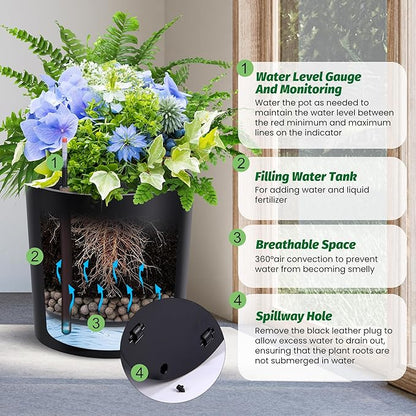 Tall Round Planter Set of 2, 19.5‘’ H x 19.9" Dia Large Planters for Indoor Plants with Built-in Drainage and a Water Level Monitor and Wheels for Patio, Porch, Living Room, or Home Office, Black