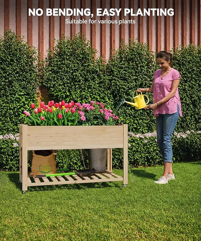 Raised Garden Bed with Wheels and Storage Shelf, Elevated Wooden Planter Box with Locking Casters for Patio, Balcony, Deck Gardening, Natural Wood Finish