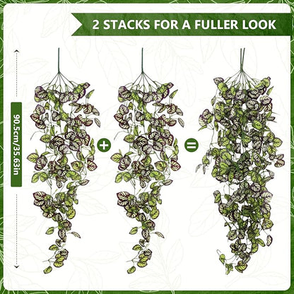 2-Pack Fake Hanging Plants, Faux Hanging Plant Artificial Greenery for Living Room Bedroom Boho Wall Shelf Indoor Outdoor Decor (Purple Feather Leaf)