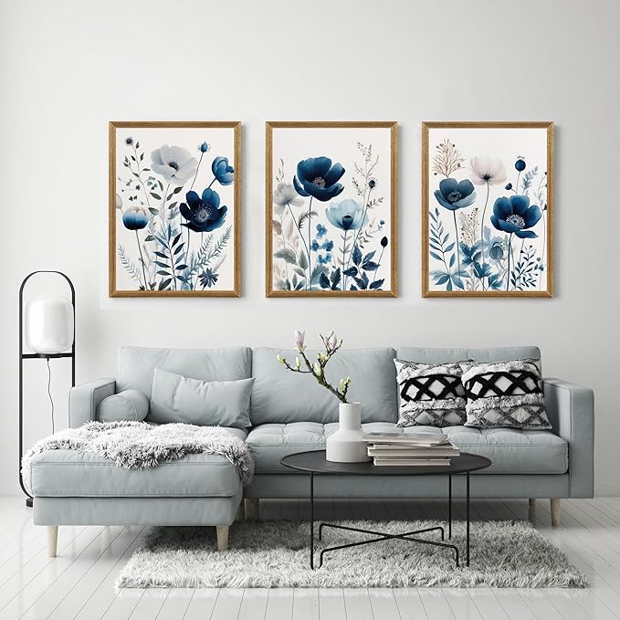 DUWQU 3 Pcs Blue Floral Canvas Wall Art, Wood Framed Navy Blue Wildflower Lily Daisy Wall Decor, Watercolor Botanical Flower Home Poster Art Prints for Living Room Bedroom Bathroom 16×24 Inches