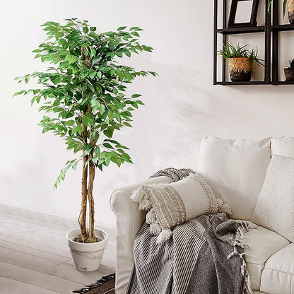 VECELO Ficus Tree Artificial 6 Feet, Tall Faux Tree in Pot, Fake Floor Plant with Realistic Tree Branch & Silk Leaves for Home Office Indoor Decor