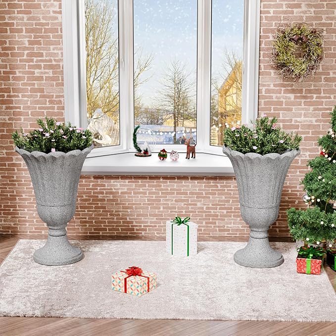 23.6" Tall Plastic Urn Planters for Outdoor Plants, Set of 2 Heavy-Duty Classic Indoor Large Flower Pots with Drainage Holes & Petal Design, Outdoor Planters for Porch, Home Garden, Grey