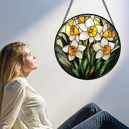 Stained Glass Window Hanging, Yellow and White Daffodils Sun Catcher for Door Home Decor Plants Flowers Suncatcher Christmas Mother's Day Birthday Gifts for Women Men Mom Nana 7.8 in