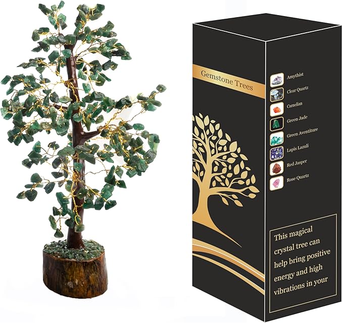 Wonder Care Green Jade Crystal Tree for Positive Energy Home Decorations with M-Seal & Golden Wire | Fortune Tree | Crystal Decor | Chakra Tree | Feng Shui Decor (300 Beads)
