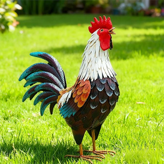 chisheen Metal Rooster Decor,Yard Chicken Decorations,Outdoor Garden Statues, Metal Chicken Sculpture for Backyard Patio Kitchen Decor & Lawn Ornaments