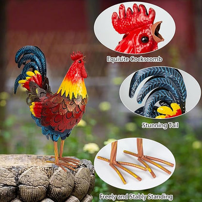 Metal Rooster Statues, Garden Chicken Decorations, Outdoor Chicken Sculptures, Metal Yard Rooster Artwork for Yard Farm Patio Lawn Porch Kitchen Decoration (Red)