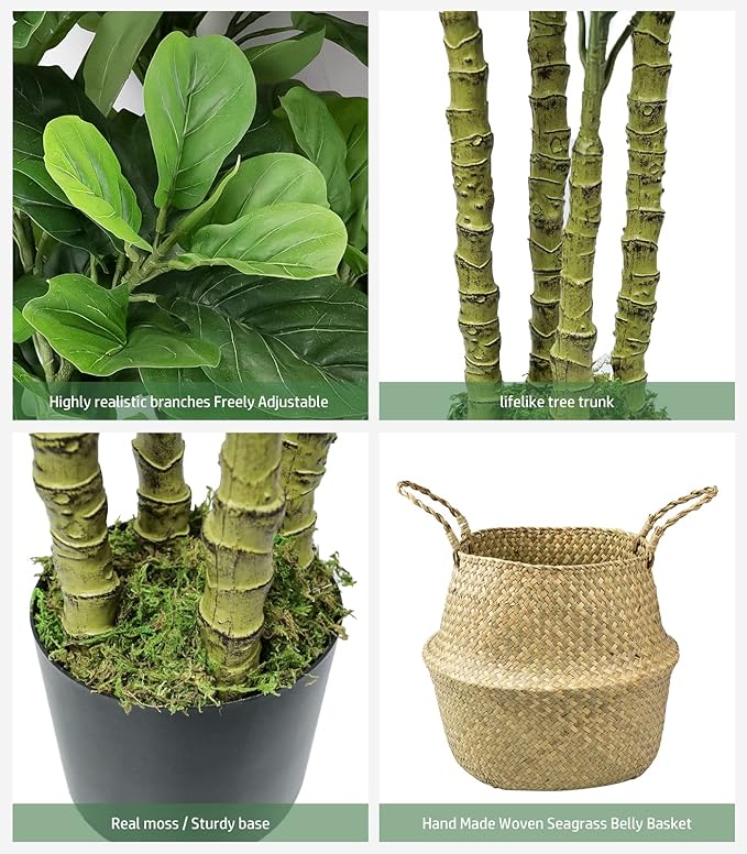 LOVMOR 6ft Artificial Tree Indoor with Woven Seagrass Plant Basket, Artificial Fiddle Leaf Fig Tree Fake Tree Faux Plant Indoor for Living Room Office Floor Home Decor (70 in)