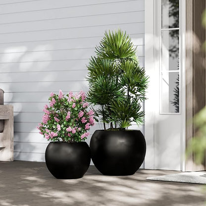 DTY Signature Mount Sherman Modern Indoor Outdoor Fiberstone Sphere Planter, Durable Round Garden Pot, Weather Resistant, Drainage Hole & Rubber Plug, Planter for Christmas Tree - Medium, Black