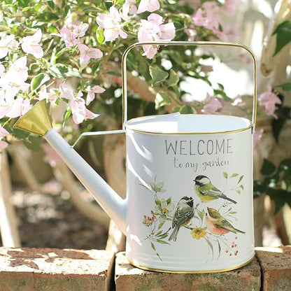 Vintage Metal Watering Can with Gold Accents & Bird Floral Welcome to My Garden Design Garden Decorative Watering Pot Farmhouse Waterer for Home Indoor Outdoor Balcony Courtyard (White)