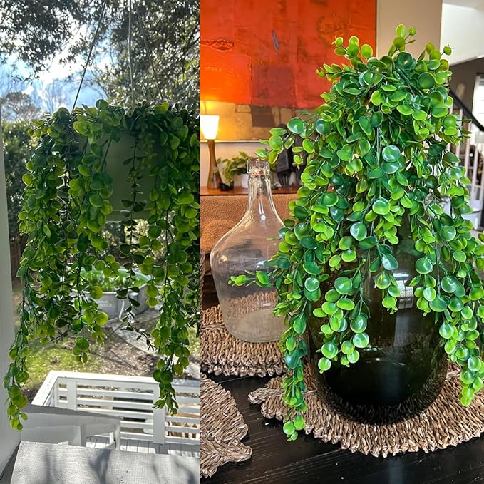 Fake Plants 2 Pack Artificial Hanging Plants, Faux Eucalyptus Plants Plastic Leaves Greeny Decor for Indoor Outdoor Walls, Patio Decor Porch Decor, Weddings and Halloween Christmas Decoration