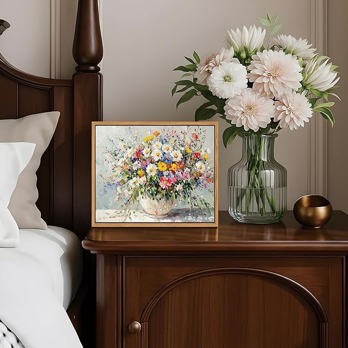 Floating Frame Canvas Wall Art, Vintage Watercolor Floral Pictures Wall Decor, Country Farmhouse Colorful Wildflower Poster Prints for Living Room Bathroom Dining Room Decor 8x10 inch