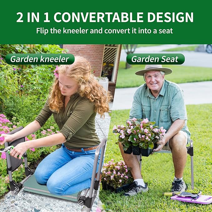 LUCKYERMORE Upgraded Garden Kneeler and Seat, Gardening Stool Kneeling Bench for Gardening with Tool Pouch, Wider&Softer EVA Kneeling Pad, Gardening Gifts for Parents Seniors, Lightweight & Heavy Duty