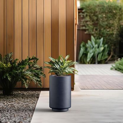 Kante 15.7 Inch Tall Concrete Planter, Round Pedestal Design Garden Pot for Indoor Outdoor Plants, Modern Garden Pot with Drainage Hole, Charcoal Finish with Painted Interior