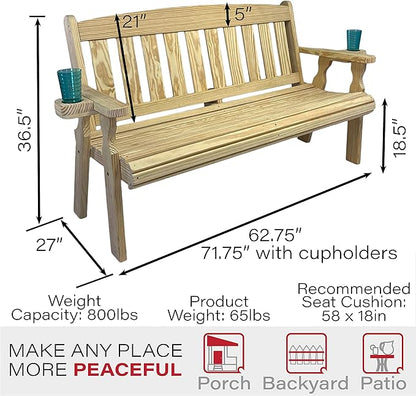 Amish Casual Heavy Duty 800 Lb Mission Pressure Treated Garden Bench with Cupholders (5 Foot, Unfinished)