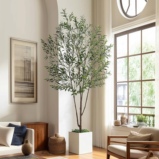 8FT Artificial Olive Tree Artificial Olive Plants, Tall Faux Olive Tree Faux Silk Plant Fake Plant Ultra-Realistic Silk Leaves & Natural Trunk Indoor Outdoor Use