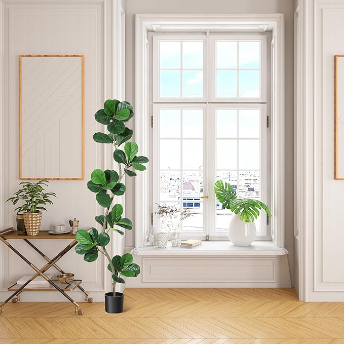 Artificial Fiddle Leaf Fig Tree, 6ft Fake Plants with Black Nursery Planter, Artificial Trees for Home Decor Indoor