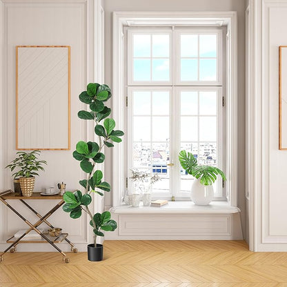 Artificial Fiddle Leaf Fig Tree, 6ft Fake Plants with Black Nursery Planter, Artificial Trees for Home Decor Indoor