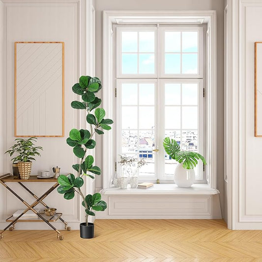 Artificial Fiddle Leaf Fig Tree, 6ft Fake Plants with Black Nursery Planter, Artificial Trees for Home Decor Indoor