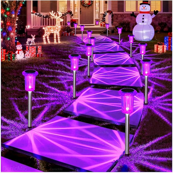 DenicMic Solar Lights Outdoor 10 Pack Waterproof Purple LED Yard Garden Patio Backyard Pathway Walkway Landscape Path Lawn Outside Decorations
