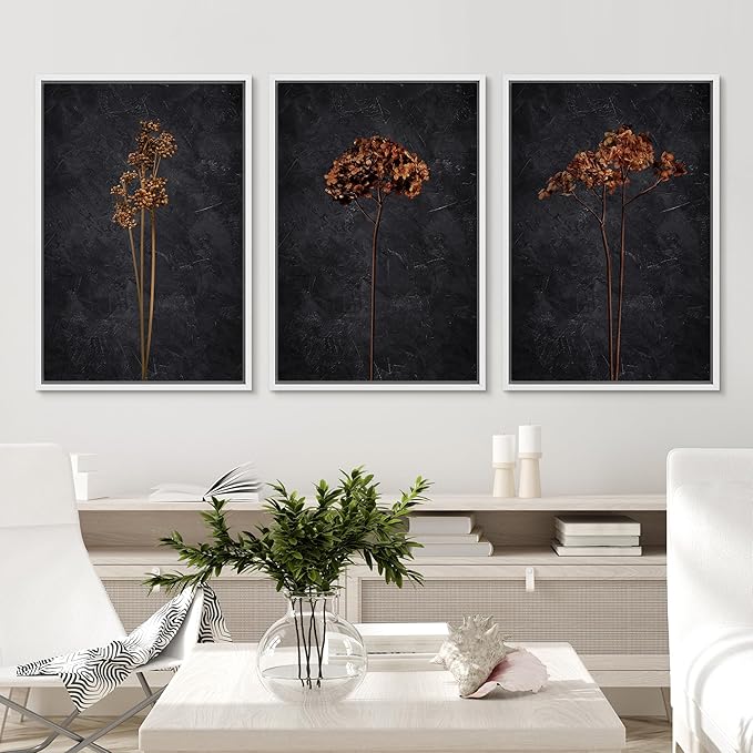 Ashbrook Framed Canvas Print Wall Art Set Grunge Moody Orange Flower Nature Wilderness Illustrations Modern Art Decorative Floral Botanical Minimal Calm/Relax/Cozy for Bedroom - 24"x36"x3 WHITE