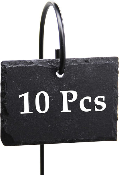 FORUP Plant Labels, 10pcs Garden Markers Signs Labels, Weatherproof Reusable Natural Slate Hanging Tags on Stainless Steel Metal Rod for Flower Bed, Pots, Planters