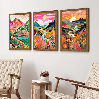 DUWQU 3 Piece Colorful Watercolor Mountain Canvas Wall Art Boho Floral Painting Picture Wall Decor Abstract Nature Landscape Poster Print Artwork for Living Room Bedroom Office 12x16 Inch Wood Frames