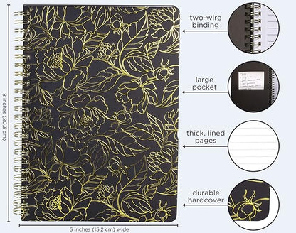 Steel Mill & Co Cute Black Mini Spiral Notebook, 8.25" x 6.25" Journal with Durable Hardcover and 160 Lined Pages, Linear Gold Floral