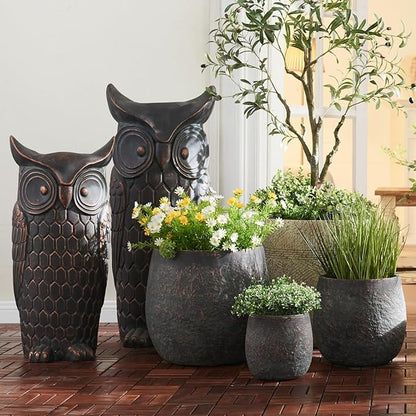 Wallowa Large Outdoor Planter, 17.32"+12.99"+9.06" Dia Round Weathered Concrete Planter Set of 3, Flower Pots with Drainage Holes, Sealing Plug for Garden, Patio, Home, Office, Greenish Bronze Rust