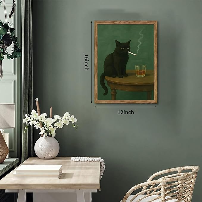 Framed Moody Black Cat Wall Art, Dark Humor Wall Decor, Vintage Whiskey Cat Poster Canvas Print, Funny Black Cat Picture Artwork Decor for Living Room Bedroom Office – 12x16 inch