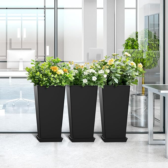24 Inch Tall Tapered Square Planters (Set of 2) - Indoor Outdoor Large Flower Pots with Built-in Drainage & Matching Water Tray for Patio, Garden, Home - Black