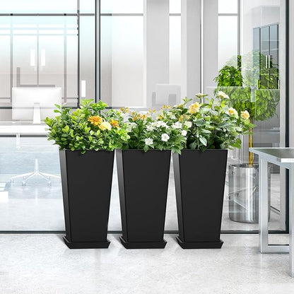 24 Inch Tall Tapered Square Planters (Set of 2) - Indoor Outdoor Large Flower Pots with Built-in Drainage & Matching Water Tray for Patio, Garden, Home - Black