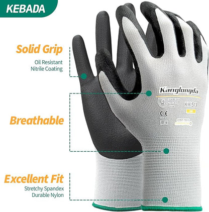Kebada 50-Paris Large Work Gloves for Men and Women, Nitrile Coated Safety Protective Gloves with Grip, Ideal for Warehouse, Delivery, Light Duty Construction Work