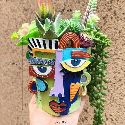 5.9" High Handcrafted Abstract Face Planter with Drain Hole - Vibrant Resin Flower Pot for Indoor Outdoor Decor