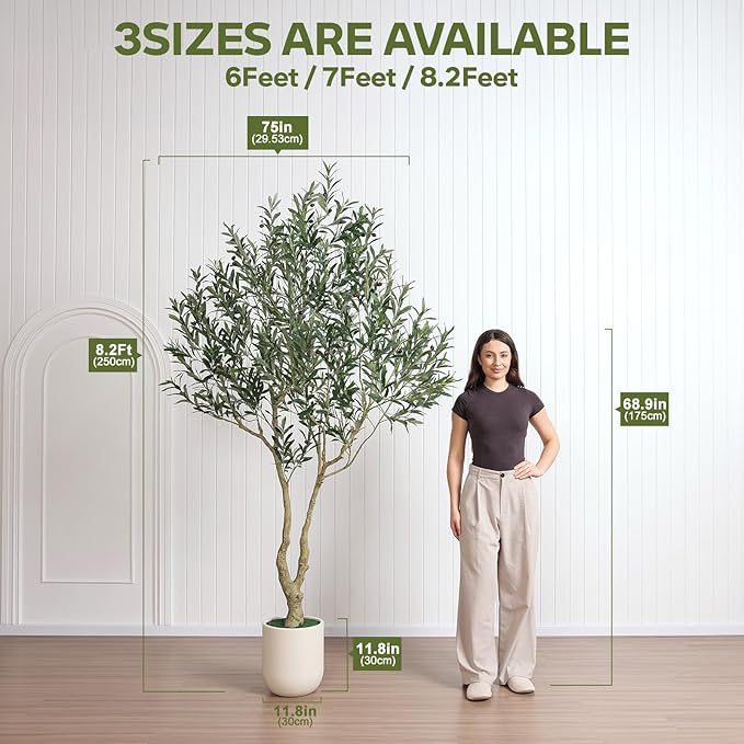Artificial Olive Tree 8FT Tall, Faux Plants Indoor - Fake Plant with Lifelike Leaves,White Planter - Large Fake Olive Trees for Home Living Room Office Bedroom Floor Decor