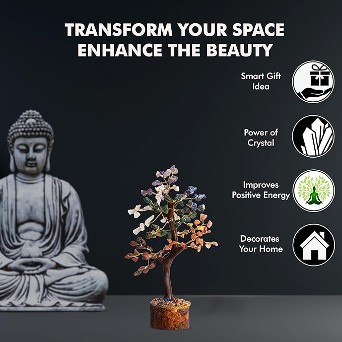WC 7 Chakra Tree for Positive Energy Home Decorations and Healing Crystal Tree with M-Seal & Golden Wire | Money Tree | Crystal Decor | Multi Crystal | Feng Shui Decor (150 Beads)