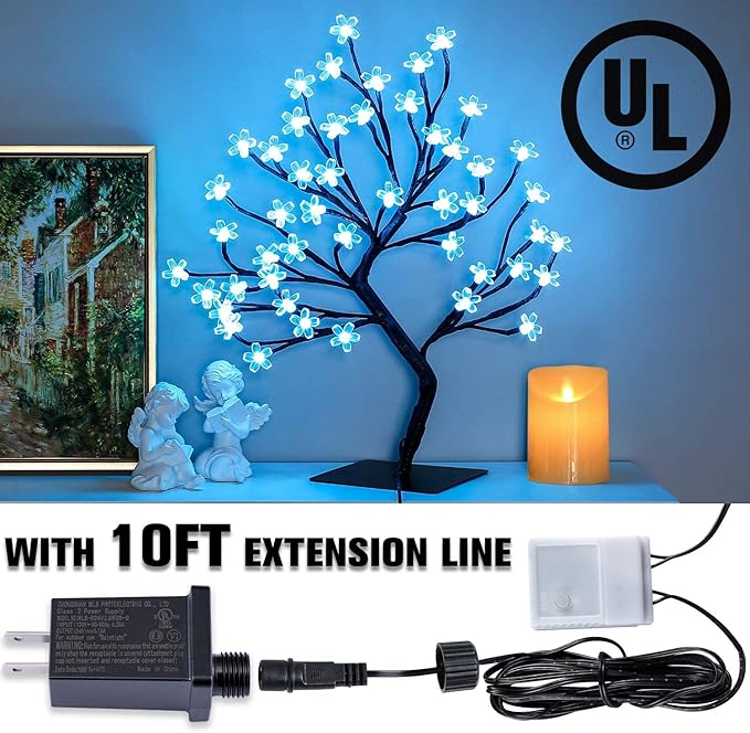 2pcs 48 LED Artificial Lighted Cherry Blossom Tree - Cherry Blossom Bonsai Tree 16 Color-Changing Metal Base Night Lights for Christmas Wedding Party