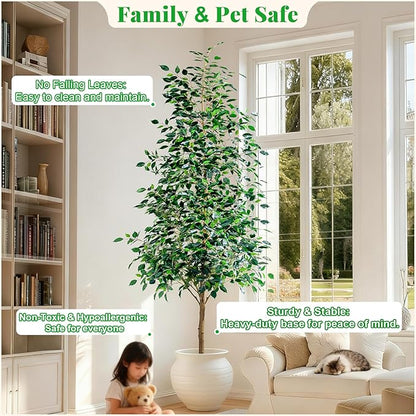8FT Artificial Ficus Trees Indoor Faux Trees Indoor Fake Floor Plants Tall Artificial Tree with White Pot Faux Tree Fake Indoor Tree Silk Plants Artificial Trees for Home Decor Indoor