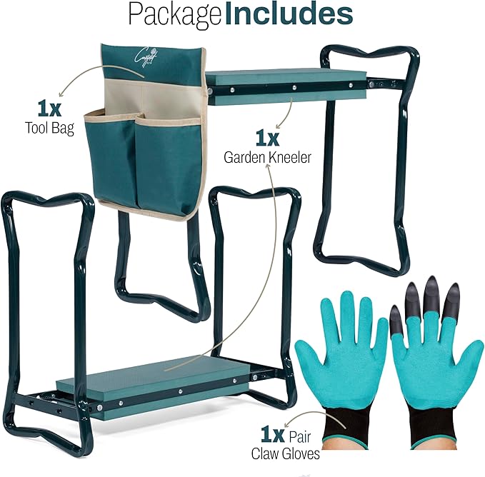 Garden Seat and Kneeler - Upgraded Widened EVA Cushion Seat (6.1” Wider), Thick & Wide Garden Stool, Foldable with Pouch, Gloves & Tool Bag – Gardening Gifts for Parents & Seniors