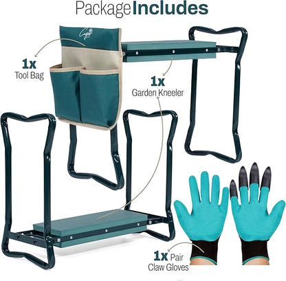 Garden Seat and Kneeler - Upgraded Widened EVA Cushion Seat (6.1” Wider), Thick & Wide Garden Stool, Foldable with Pouch, Gloves & Tool Bag – Gardening Gifts for Parents & Seniors