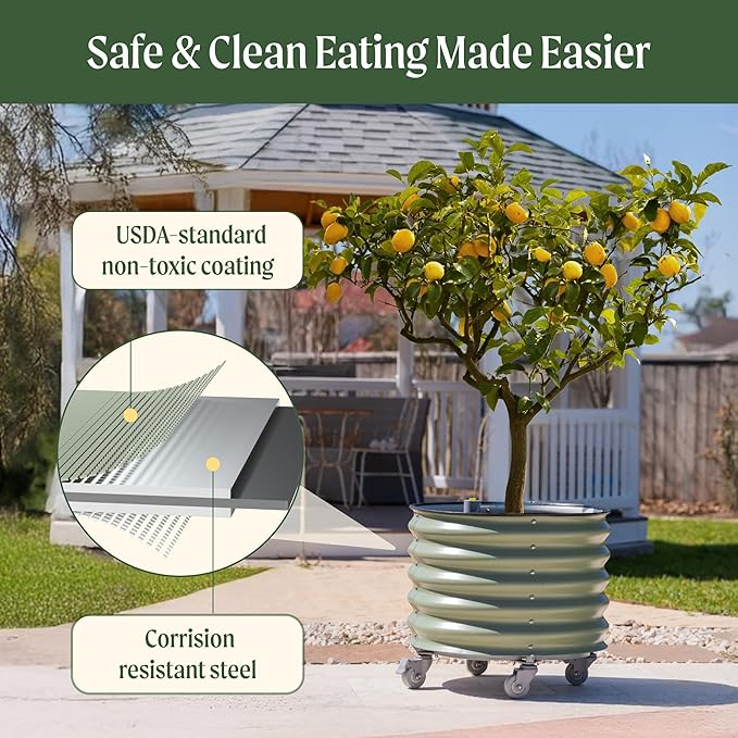 Rolling Metal Citrus Tree Planter, Self-Watering Round Large Pot for Growing Trees Tomatoes Vegetables and Flowers, Raised Garden Bed with Wheels for Porch Patio & Backyard, Single Pack-Pearl White